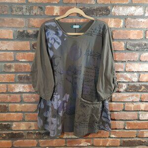 Blue Fish Ruched Sleeve Floral Origami Pocket T-shirt Lagenlook Boho Women's II